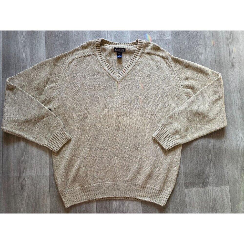 Vtg Lands End Mens Beige Cotton V-Neck Sweater Size L